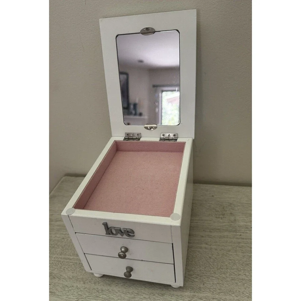 White Wood Jewelry Box 3 Drawers Mirror Ring Rolls Picture Frame 